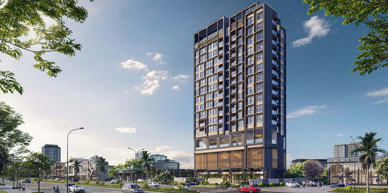 Phối cảnh tổng thể tòa tháp căn hộ The Westique Residences nhìn từ đường lớn