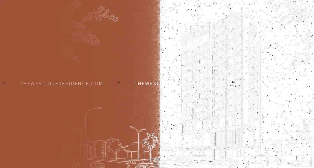 Bản vẽ phác thảo phối cảnh mặt tiền dự án The Westique Residences với hàng cây và đường phố phía trước
