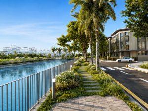 Cảnh quan ven kênh nội khu Căn Hộ Sensa Park với lối đi bộ và khu thấp tầng The Sensa Villa