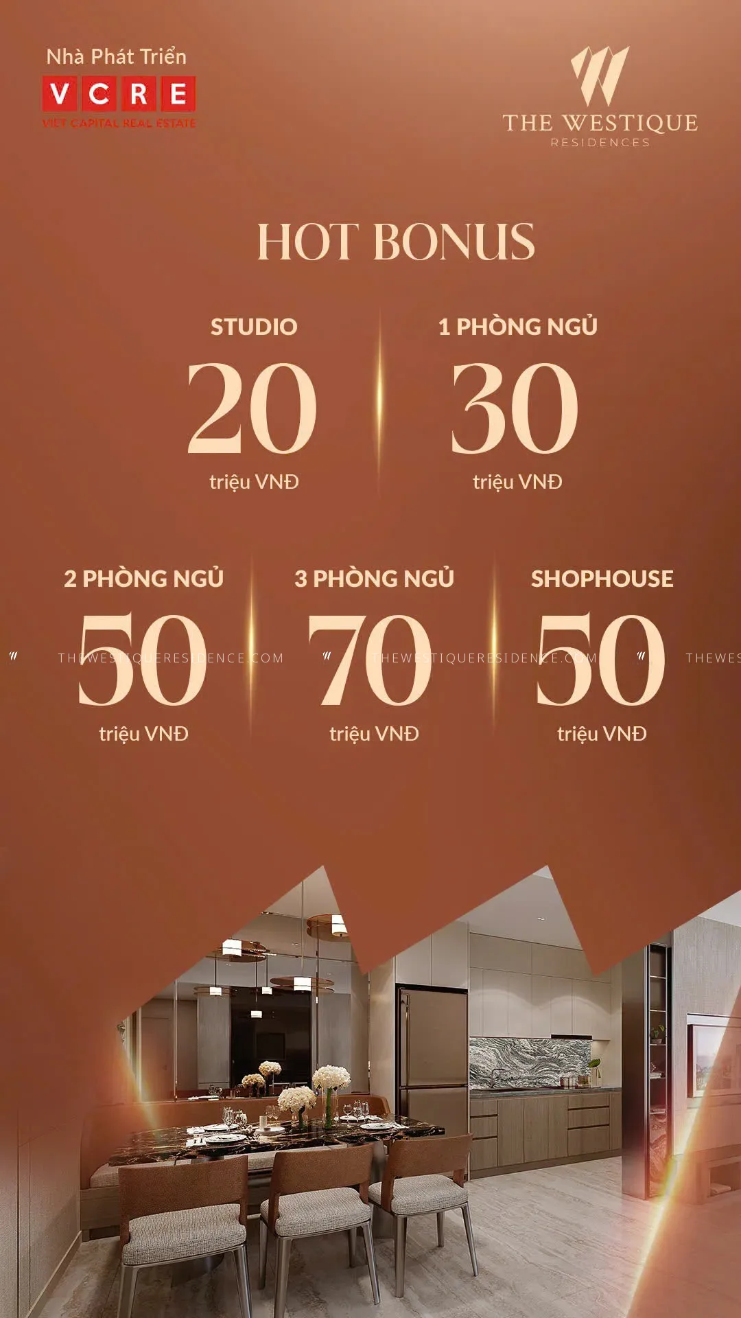 Chương trình Hot Bonus tặng nội thất theo từng loại hình căn hộ The Westique Residences