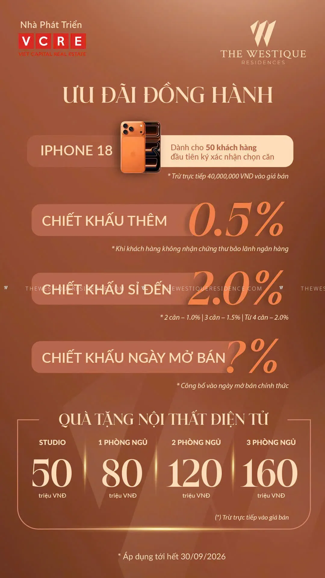 Chương trình Ưu đãi đồng hành The Westique Residences tặng iPhone 18 và nội thất điện tử