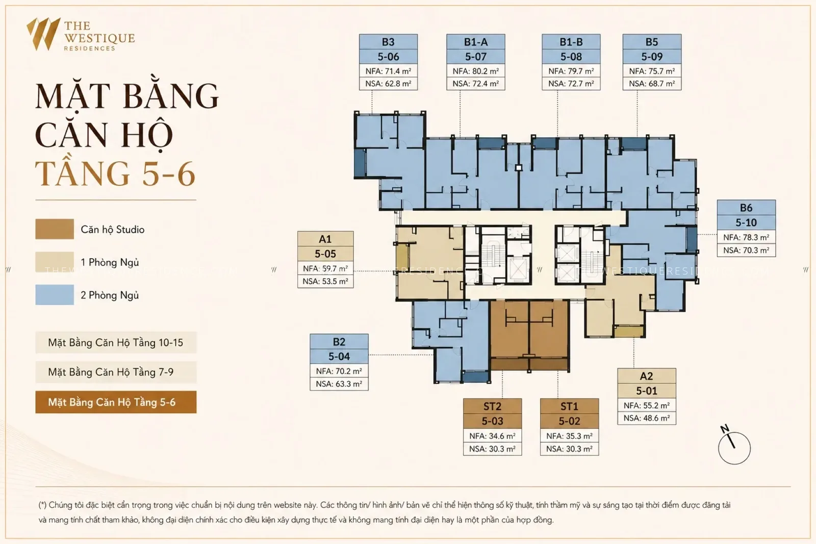 Mặt bằng căn hộ tầng 5-6 dự án The Westique Residences với các loại diện tích
