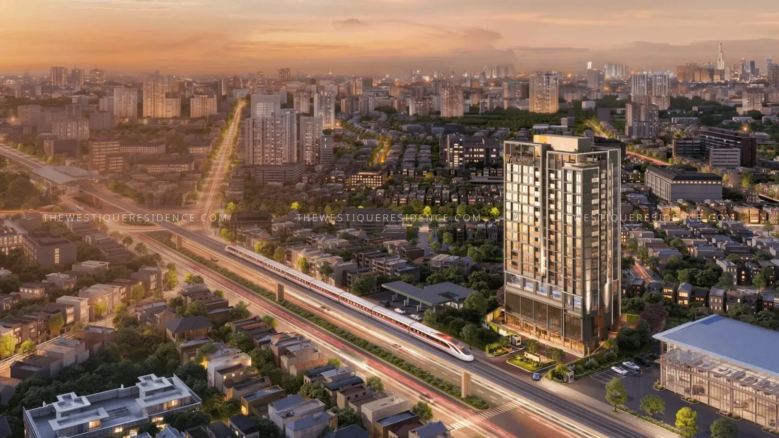 Phối cảnh tòa căn hộ cao tầng cạnh tuyến đường sắt trên cao gần khu vực The Westique