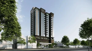 Phối cảnh tòa tháp căn hộ cao tầng The Westique Residences nhìn từ mặt đường Kinh Dương Vương