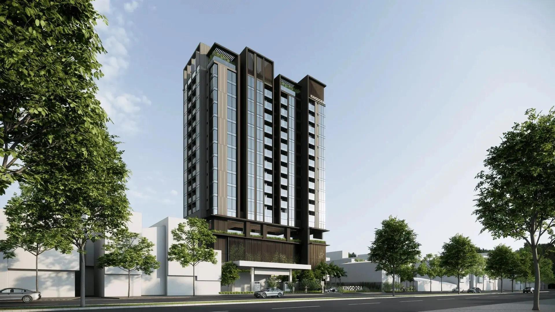 Phối cảnh tòa tháp căn hộ cao tầng The Westique Residences nhìn từ mặt đường Kinh Dương Vương