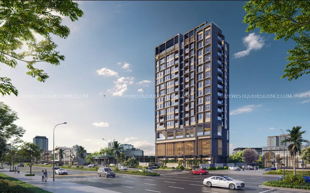 Phối cảnh tòa tháp The Westique Residences tại mặt tiền đường Kinh Dương Vương, quy mô 99 căn hộ