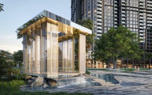 Cổng thác nước bằng khung kim loại vàng tại lối vào dự án Hanoi Seasons Garden