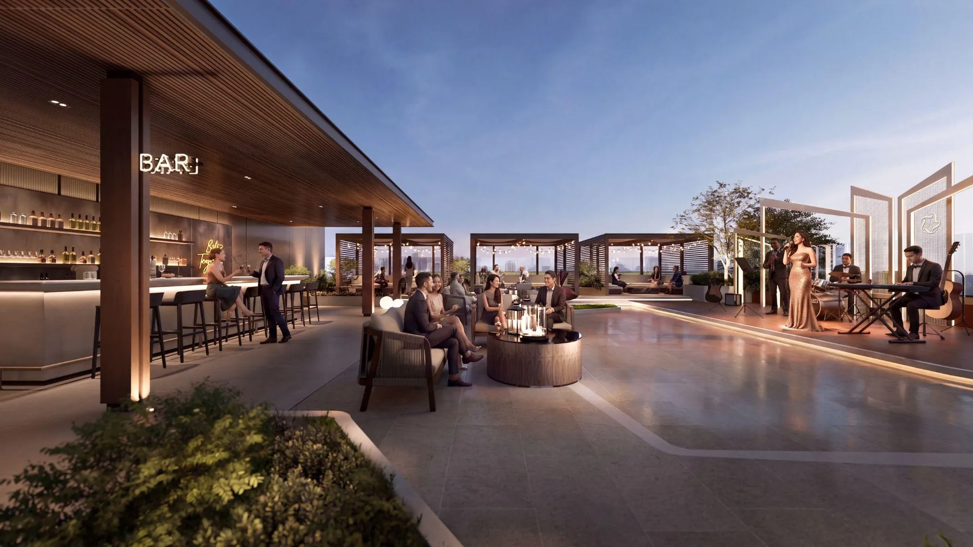 Khu vực Rooftop Bar tầng mái phục vụ cư dân Hanoi Seasons Garden