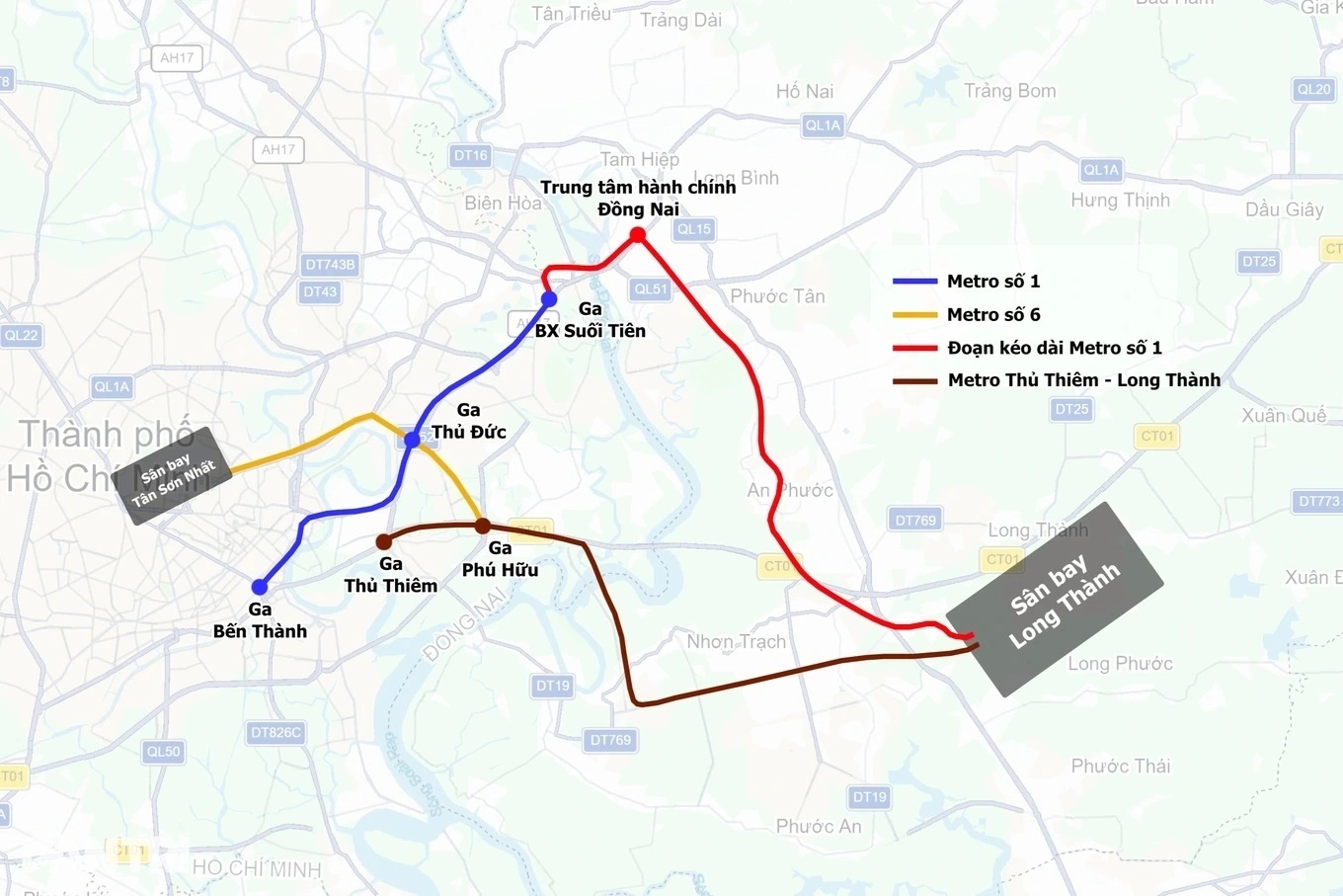 Sơ đồ hướng tuyến Metro Thủ Thiêm Long Thành kết nối các ga Thủ Thiêm, Phú Hữu và sân bay Long Thành