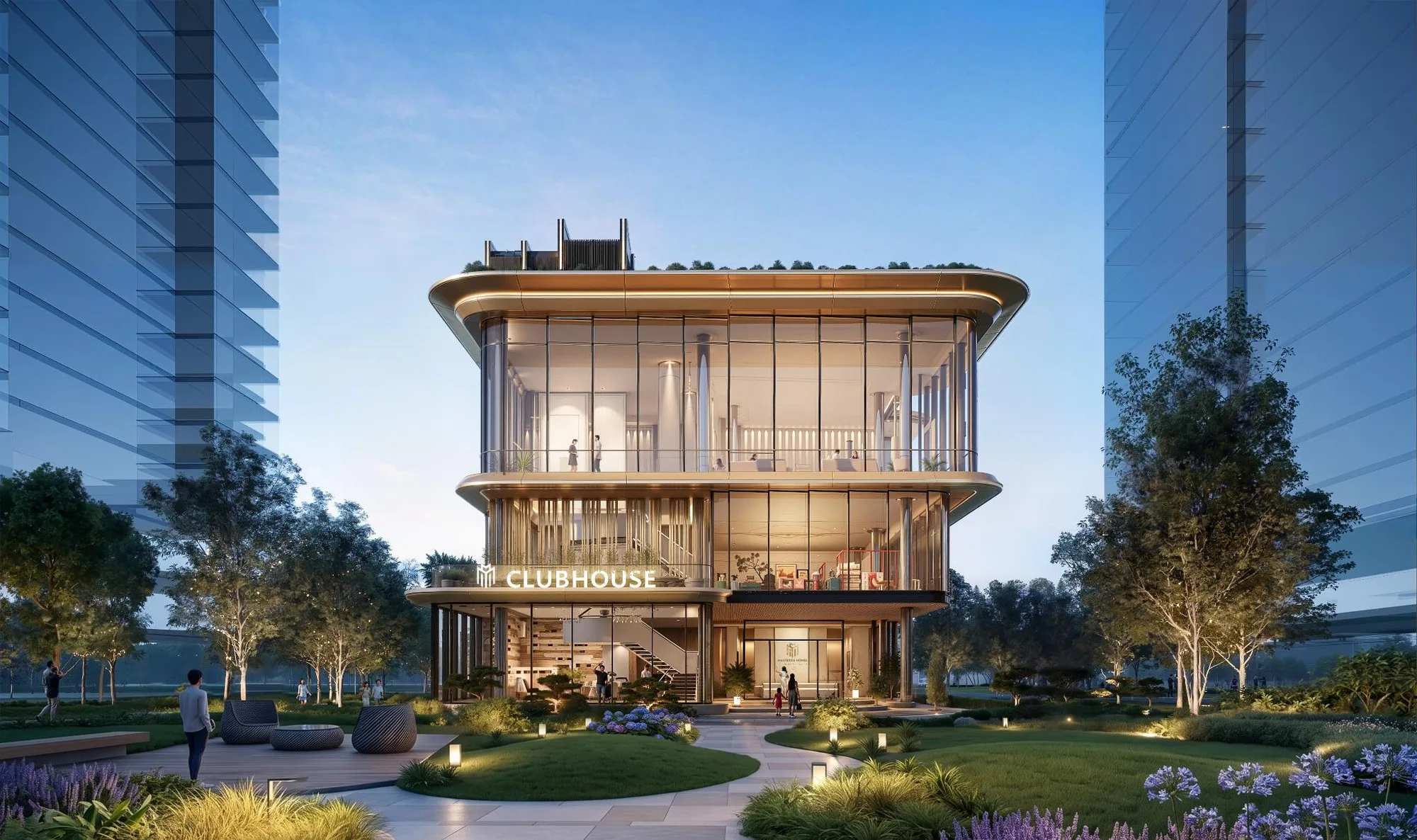 Tòa nhà Clubhouse 3 tầng của Hanoi Seasons Garden nhìn từ khuôn viên cây xanh