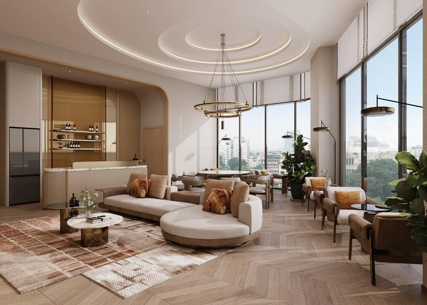 Không gian phòng khách và khu bếp mở tại căn hộ mẫu The Westique Residences