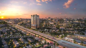 Phối cảnh tòa nhà The Westique bên tuyến đường và ga tàu khu tây TP.HCM
